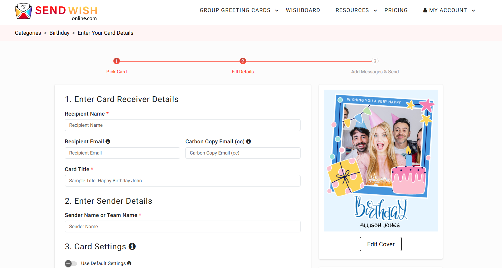 Page to enter and customize greeting card details online