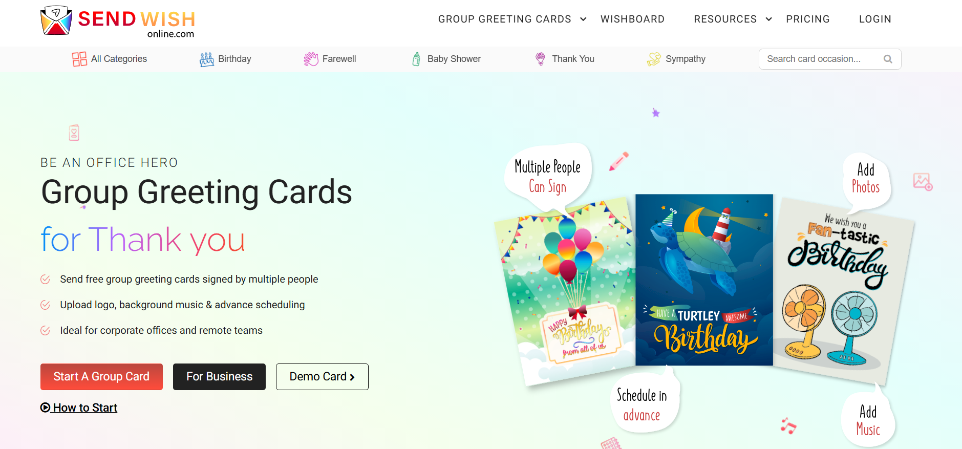 sendwishonline.com is an online free group greeting website which provide group cards, photo cards, wishboard and invitation features.