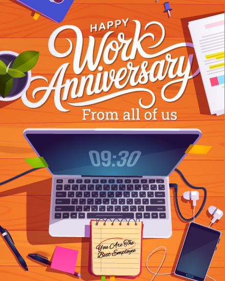 Desk Laptop Flatlay virtual Work Anniversary card