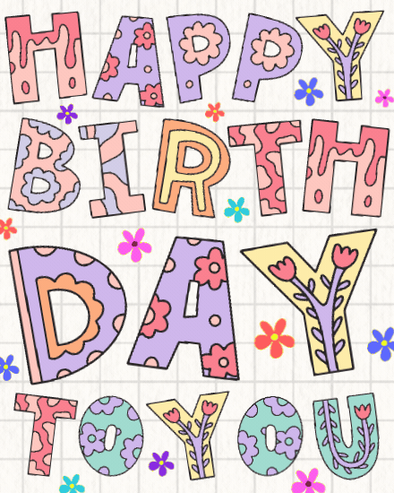 Floral Doodle Letters virtual Birthday card