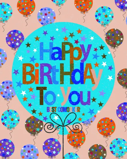 Teal Star Balloon virtual Coworker Birthday card