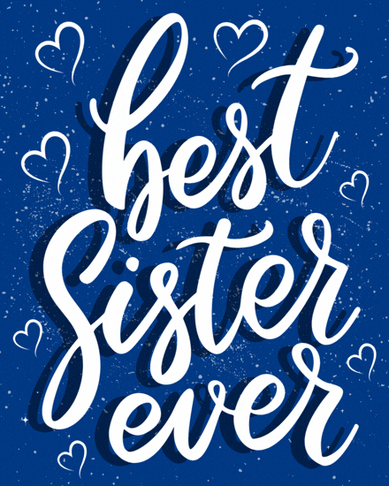 Free Sister's Day card with white calligraphy script and floating hearts on royal blue sparkle background