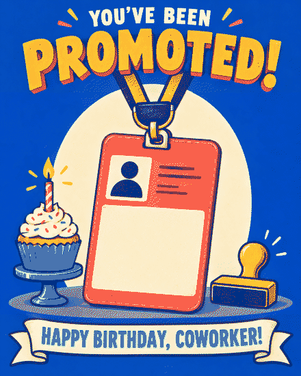 Office ID badge and cupcake with candle on blue background on a free coworker birthday ecard.