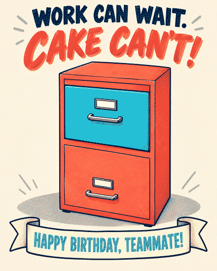 Retro orange and teal filing cabinet on a free coworker birthday card