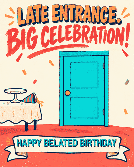 Retro illustration of teal door, party table with cake, and confetti on a free belated birthday card